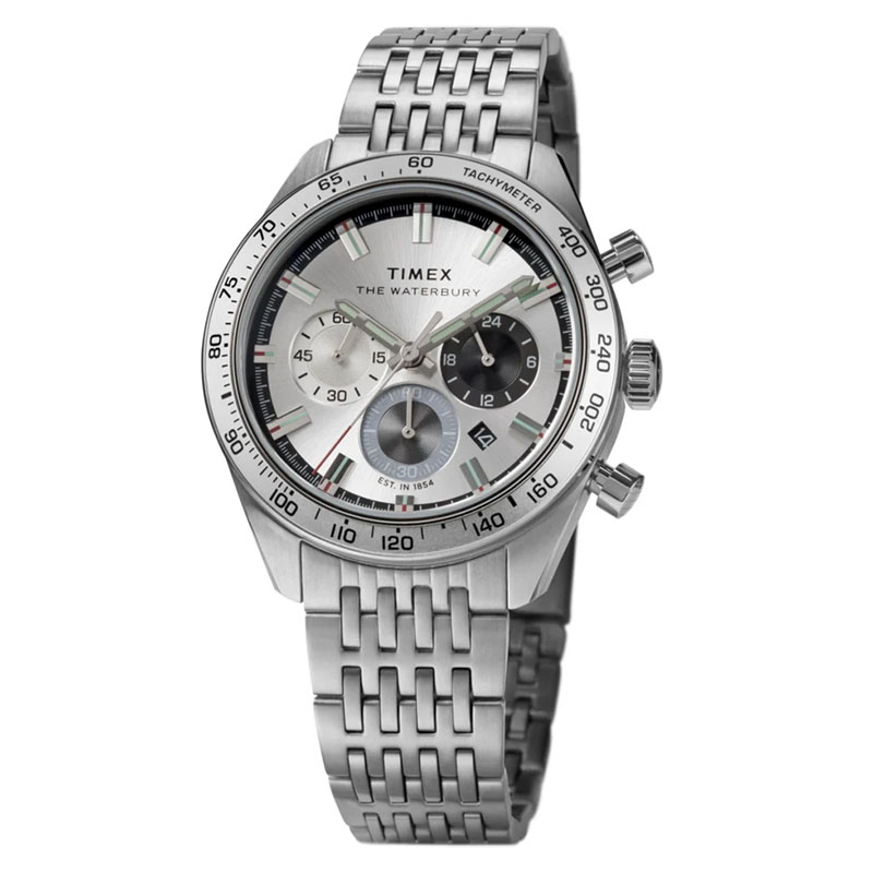 Timex Waterbury Traditional Chronograph TW2Y18700 – srebrny cyferblat ze szlifem słonecznym i trzema totalizatorami
