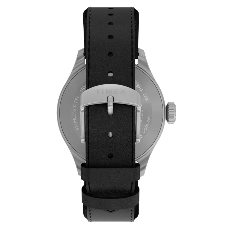 Timex Waterbury Ace TW2Y70400 - tył zegarka z klasyczną klamrą i czarnym skórzanym paskiem