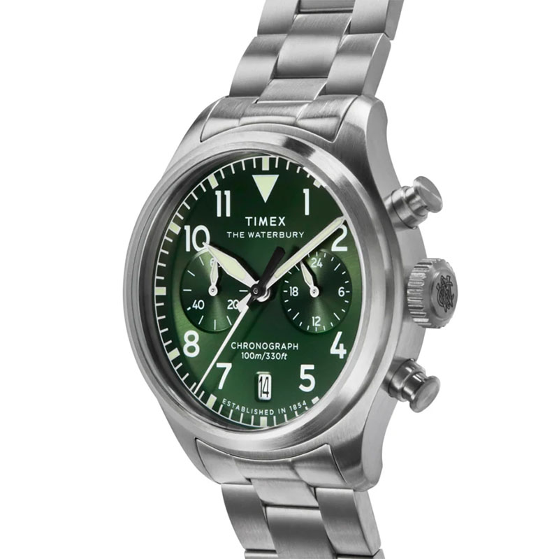 Timex Waterbury Ace Chronograph TW2Y19100 - zielona tarcza z subtarczami, dużymi cyframi arabskimi, datownikiem i lumą