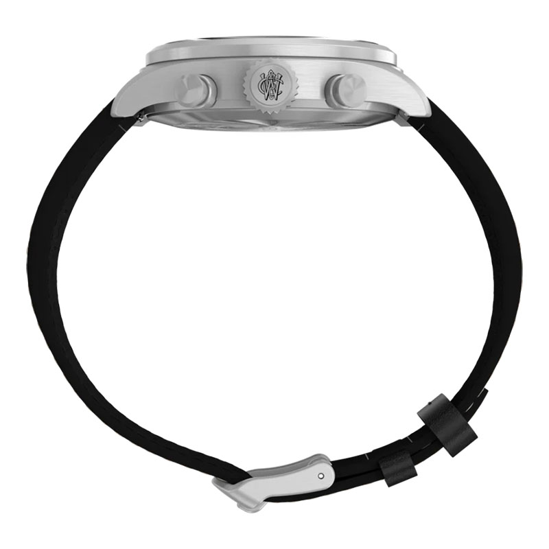 Timex Waterbury Ace Chronograph TW2Y19000 - profil koperty z przyciskami chronografu i koronką z logo Waterbury Watch Company