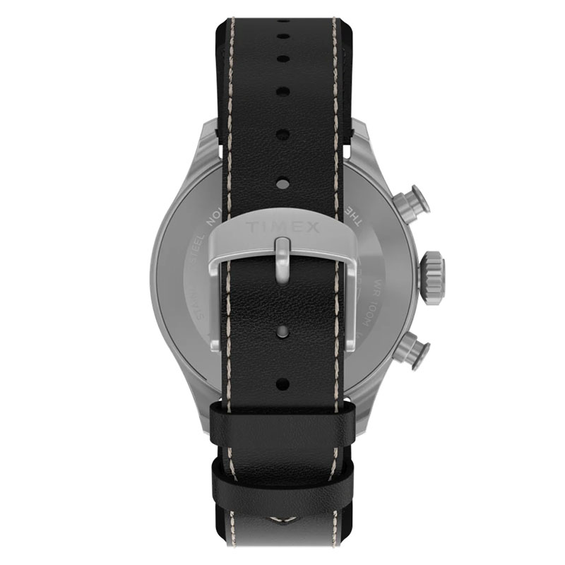Timex Waterbury Ace Chronograph TW2Y19000 - tył zegarka z klasyczną klamrą i czarnym skórzanym paskiem