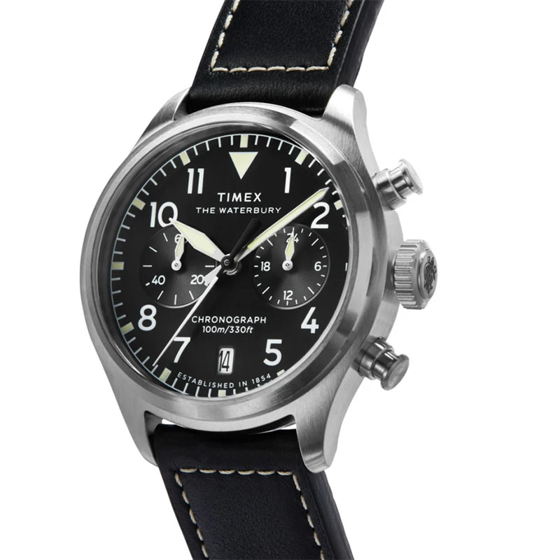 Timex Waterbury Ace Chronograph TW2Y19000 - czarna tarcza z subtarczami, dużymi cyframi arabskimi, datownikiem i lumą