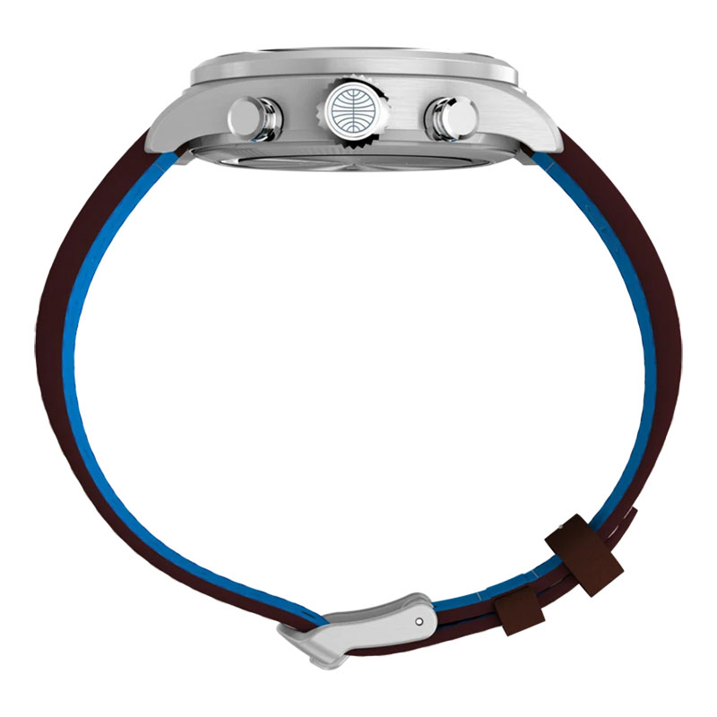 Timex x Pan Am Waterbury Ace Chronograph TW2Y38700 - profil koperty z przyciskami chronografu, koronką z logo Pan Am i niebieską podszewką paska