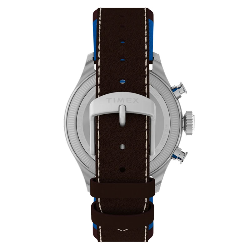 Timex x Pan Am Waterbury Ace Chronograph TW2Y38700 - tył zegarka z klamrą z logo Timex i brązowym skórzanym paskiem