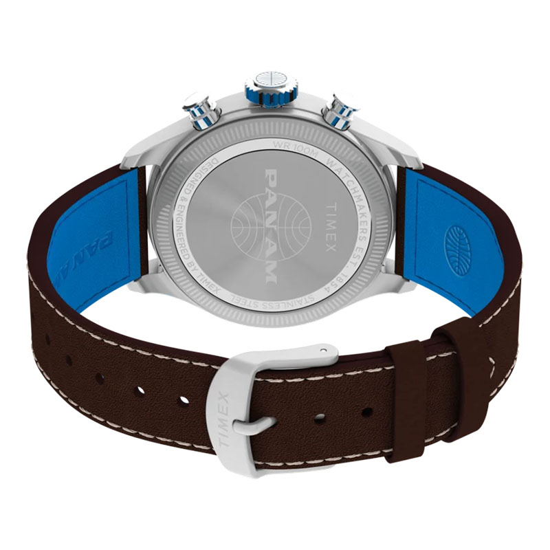 Timex x Pan Am Waterbury Ace Chronograph TW2Y38700 - dekiel z grawerem Pan Am i skórzany pasek z niebieską podszewką