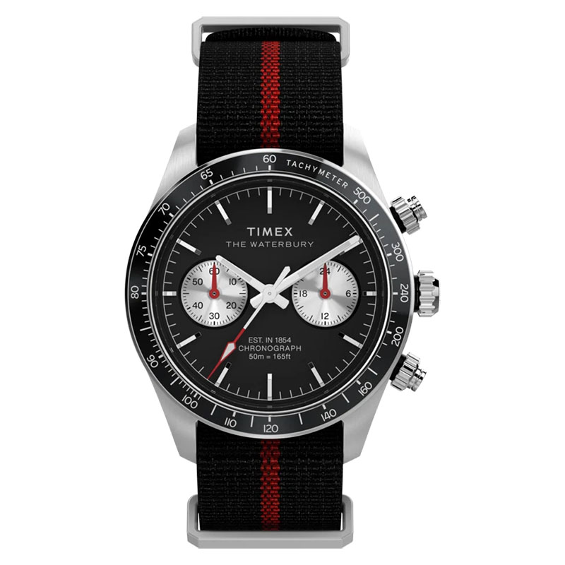 Timex Waterbury Heritage Chronograph TW2Y38900 - zegarek na materiałowym pasku z czarną tarczą