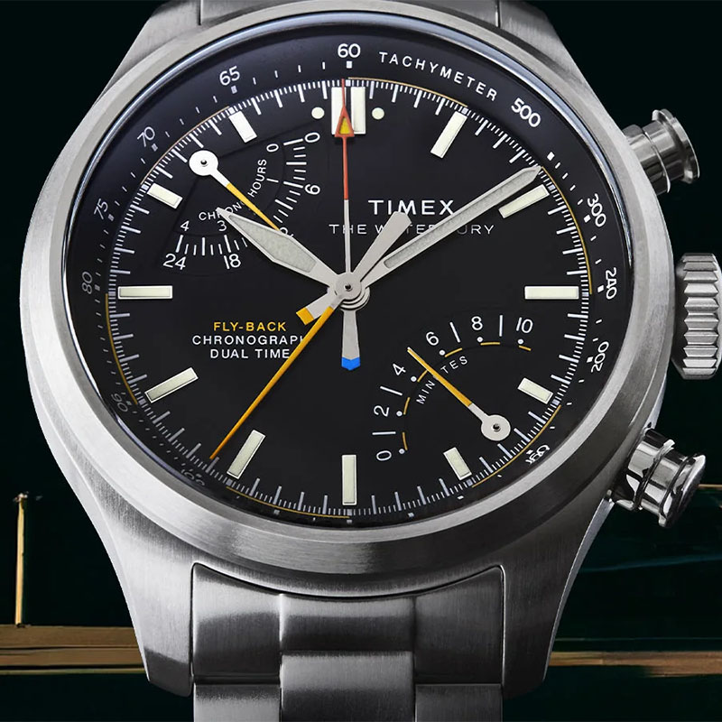 Timex Waterbury Ace Fly Back Chronograph TW2Y70200 - czarna tarcza z totalizatorami, skalą tachymetryczną, wskazówką drugiej strefy czasowej i lumą
