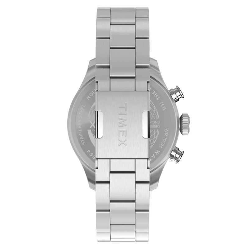 Timex Waterbury Ace Fly Back Chronograph TW2Y70200 - tył zegarka ze stalową bransoletą i zapięciem z logo Timex