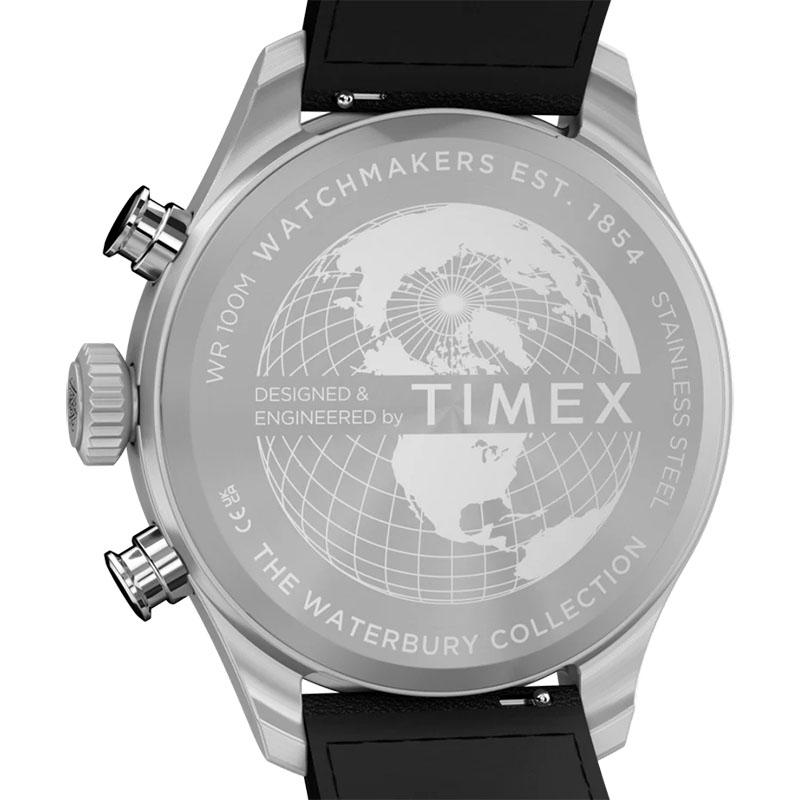 Timex Waterbury Ace Fly Back Chronograph TW2Y70000 - dekiel z grawerem globusa i napisem The Waterbury Collection