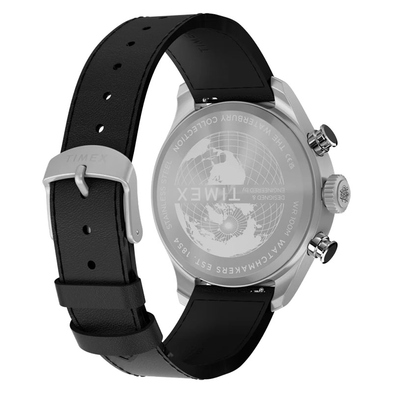 Timex Waterbury Ace Fly Back Chronograph TW2Y70000 - tył zegarka z czarnym skórzanym paskiem i klamrą z logo Timex