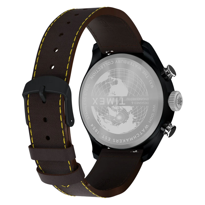 Timex Waterbury Ace Fly Back Chronograph TW2Y70100 - dekiel z grawerem globusa i napisem The Waterbury Collection