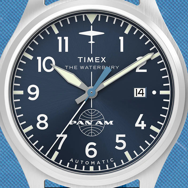 Timex x Pan Am Waterbury Ace Automatic TW2Y38800 - automatyczny zegarek lotniczy z niebieską tarczą, datownikiem i granatowym skórzanym paskiem