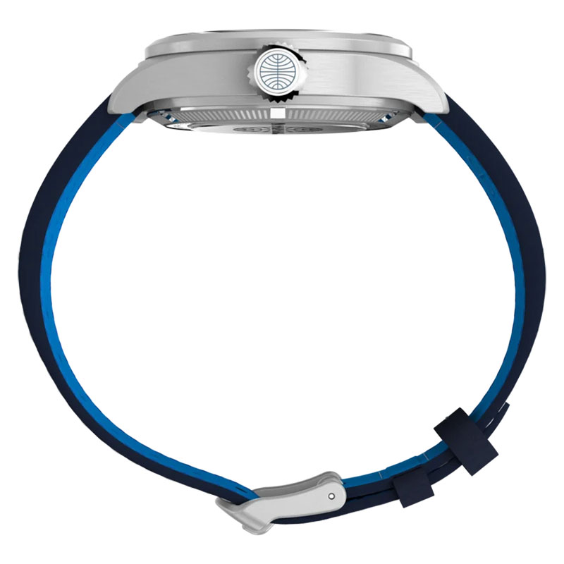 Timex x Pan Am Waterbury Ace Automatic TW2Y38800 - profil koperty z koronką z logo Pan Am i niebieską podszewką paska