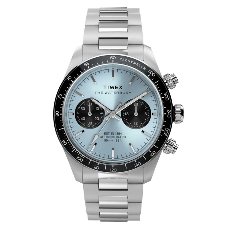 Timex Waterbury Heritage Chronograph TW2Y70500 - chronograf z jasnoniebieską tarczą, czarnym bezelem z tachymetrem i stalową bransoletą