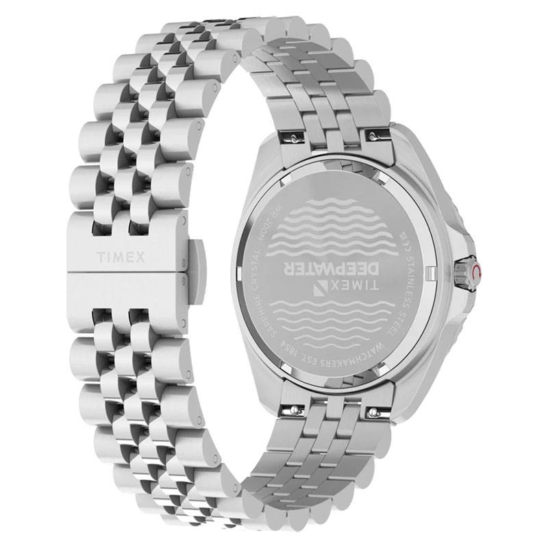 Timex Deepwater Arctic TW2Y64500 - dekiel z grawerem Deepwater i motywem fal oraz pięciorzędowa stalowa bransoleta