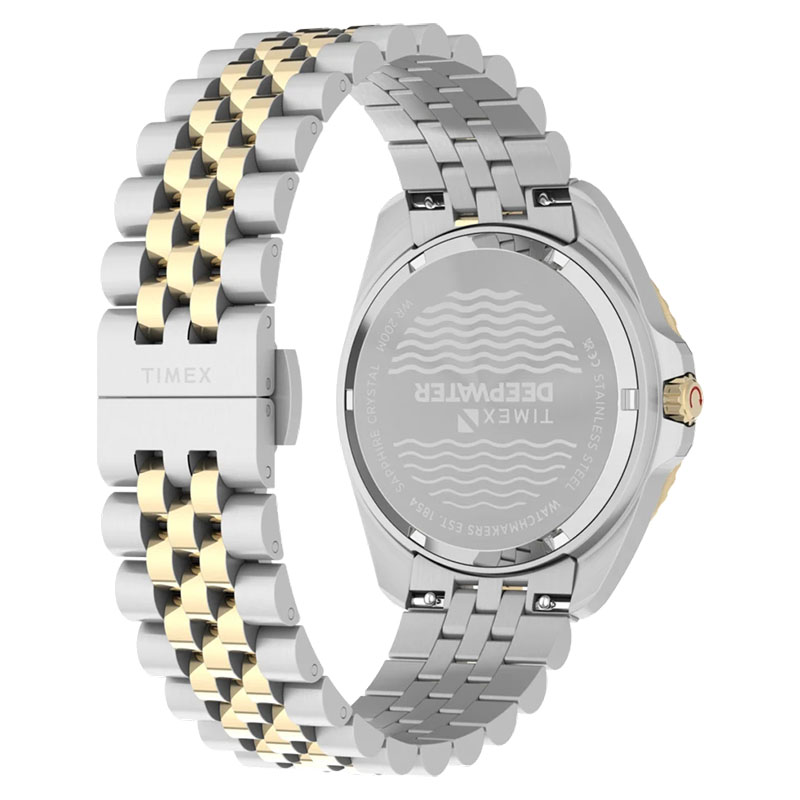 Timex Deepwater Arctic TW2Y64700 - dekiel z grawerem Deepwater i motywem fal oraz pięciorzędowa stalowa bransoleta