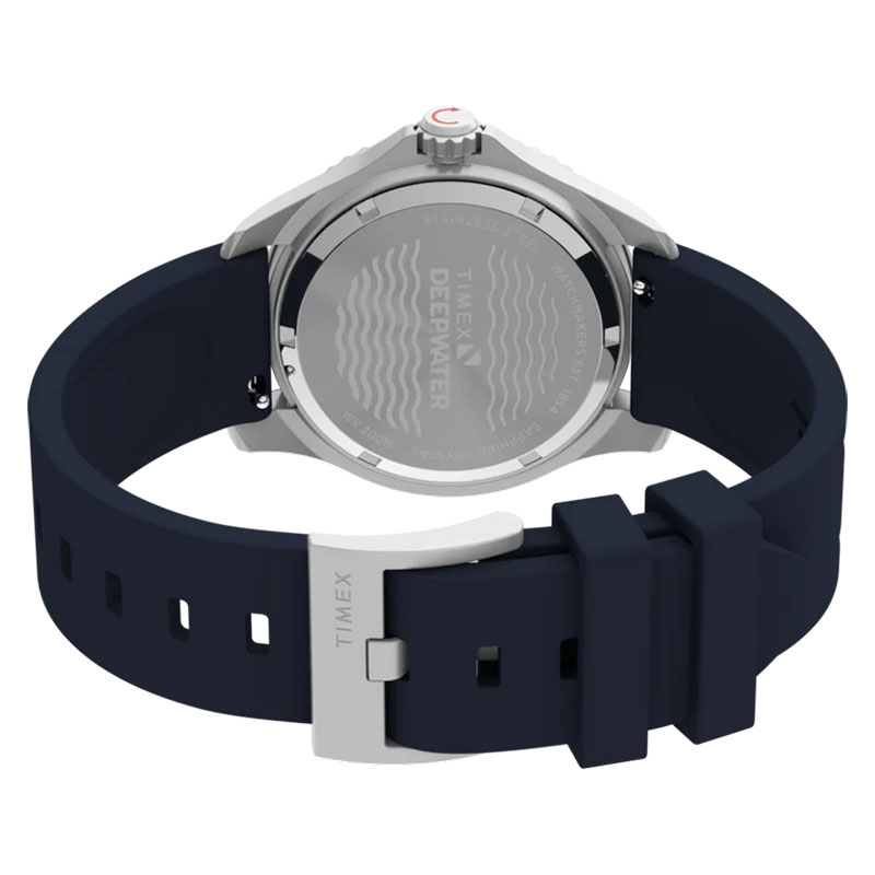 Timex Deepwater Meridian 200 TW2Y40300 - tył zegarka z niebieskim gumowym paskiem i klamrą z logo Timex