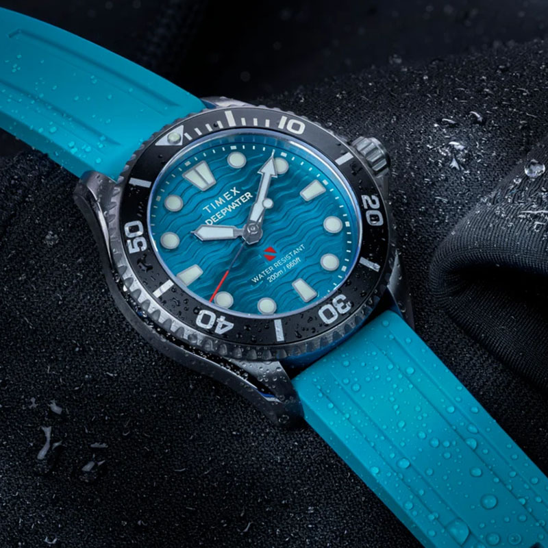Timex Deepwater Meridian 200 TW2Y40400 - zegarek nurkowy na błękitnym pasku w kroplach wody