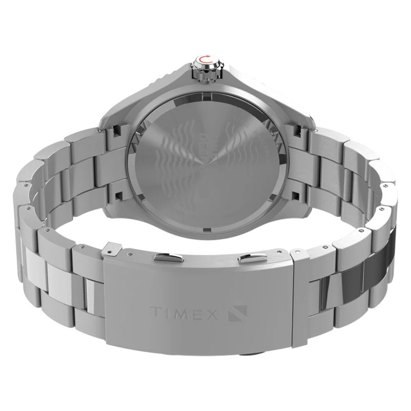Timex Deepwater Meridian 200 TW2W82000 - tył zegarka ze stalową bransoletą i zapięciem z logo Timex