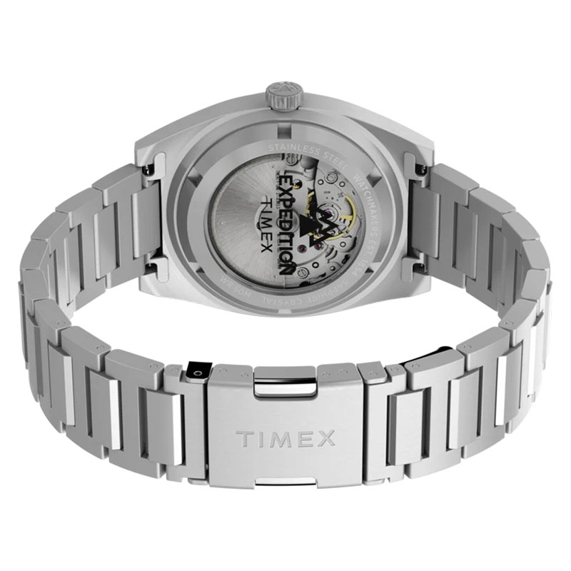Timex Expedition Capstone Automatic TW2Y39600 - tył zegarka z przeszklonym deklem oraz stalową bransoletą