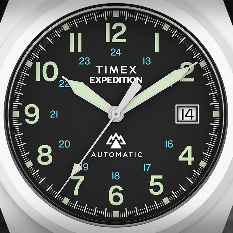Timex Expedition Capstone Automatic TW2Y39600 - czarna tarcza z wyraźnymi indeksami, cyframi arabskimi oraz datownikiem
