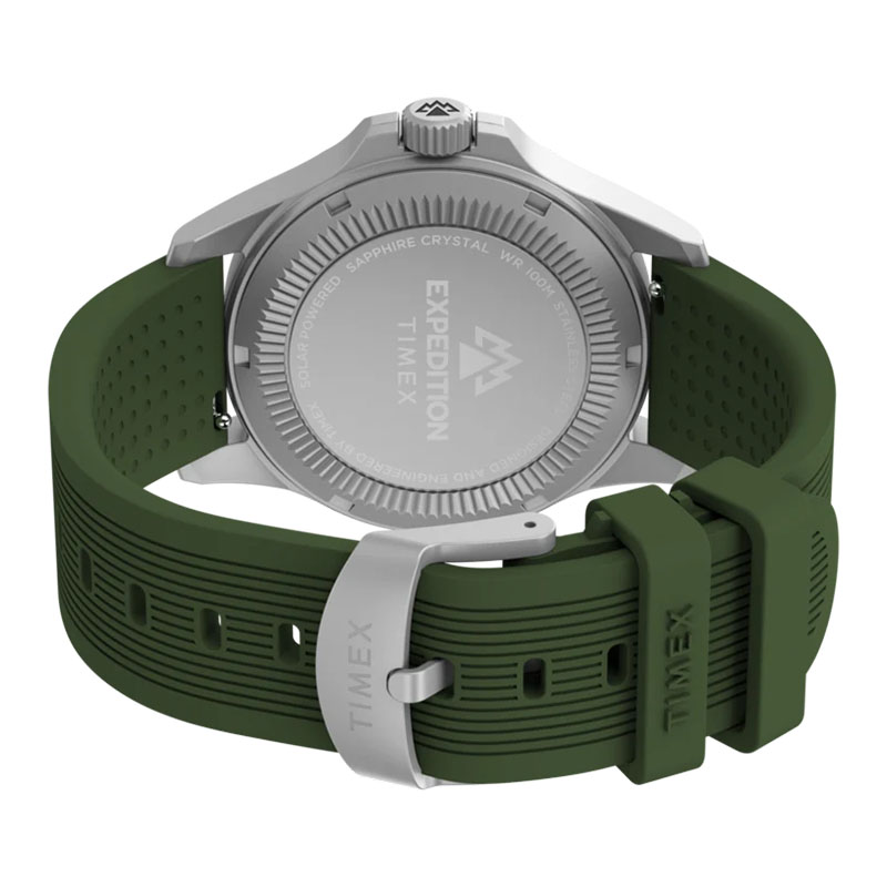 Timex Expedition Field Post Solar TW2Y31600 - tył zegarka z widocznym deklem oraz paskiem gumowym