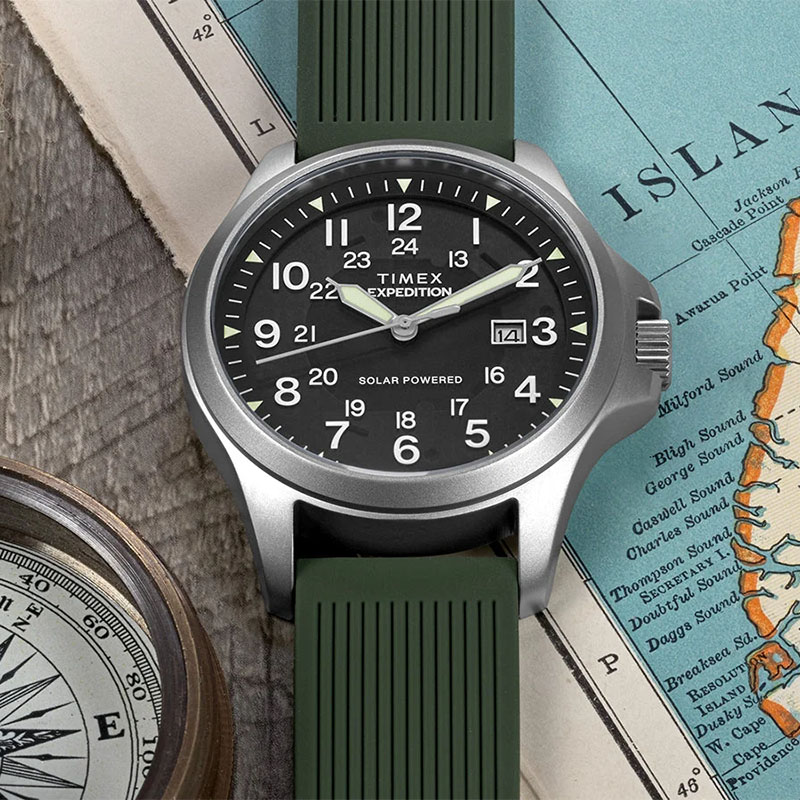 Timex Expedition Field Post Solar TW2Y31600 - outdoorowy zegarek na gumowym pasku z czarną tarczą