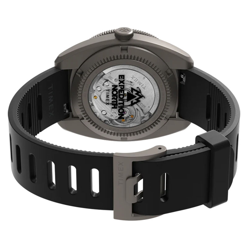 Timex Expedition Pioneer Titanium Automatic GMT TW2W53000 - przeszklony dekiel z widocznym mechanizmem automatycznym i grawerem Expedition North