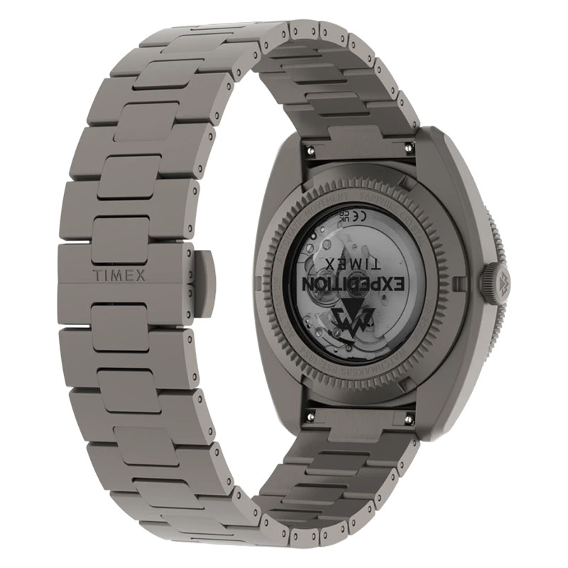 Timex Expedition Pioneer Titanium Automatic TW2Y63800 - tył zegarka z widocznym przeszklonym deklem oraz tytanową bransoletą