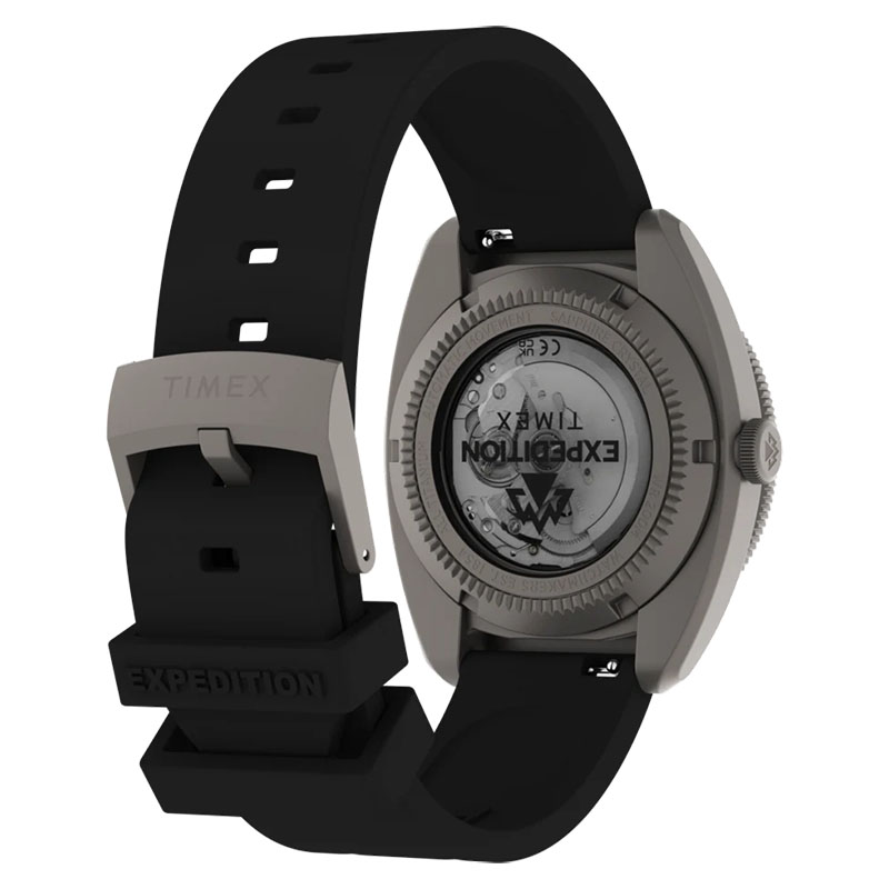 Timex Expedition Pioneer Titanium Automatic TW2Y63600 - tył zegarka z widocznym przeszklonym deklem oraz gumowym paskiem