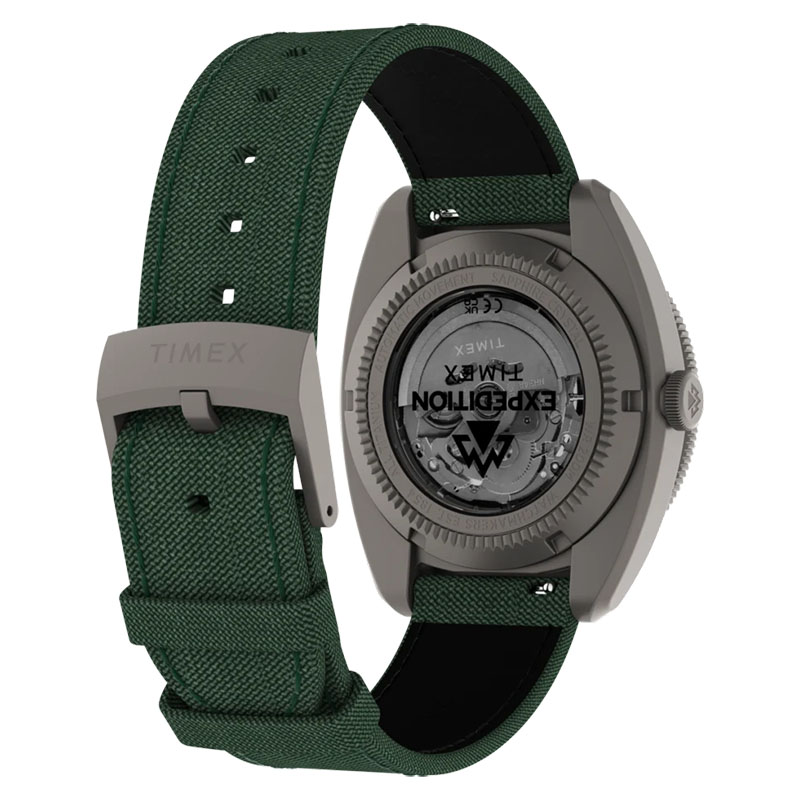 Timex Expedition Pioneer Titanium Automatic GMT TW2Y63400 - przeszklony dekiel z widocznym mechanizmem automatycznym i grawerem Expedition North