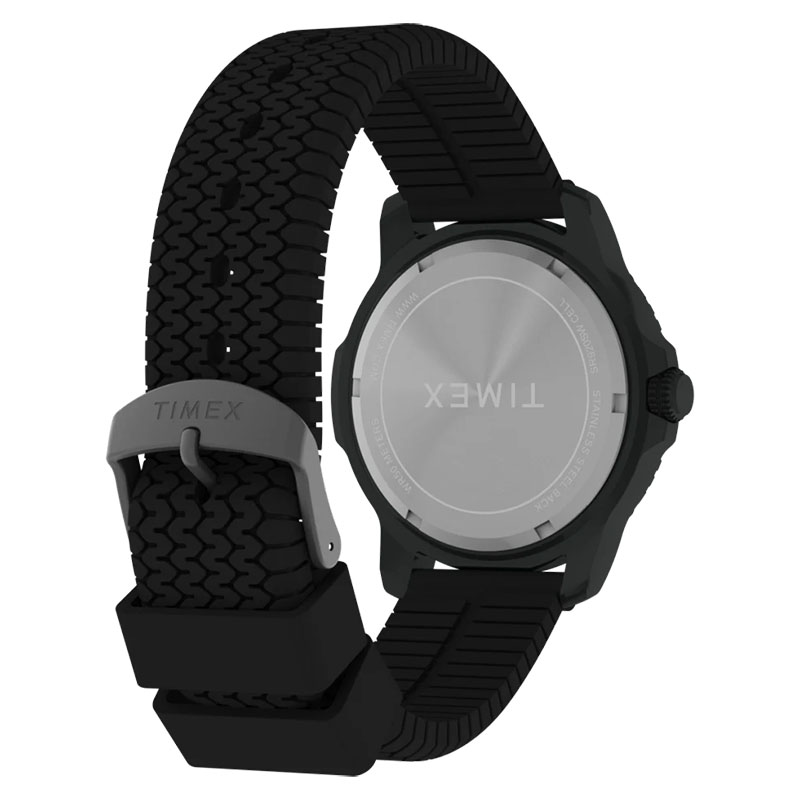 Timex Expedition Timber TW4B34800 - tył zegarka z widocznym zakręcanym deklem oraz gumowym paskiem