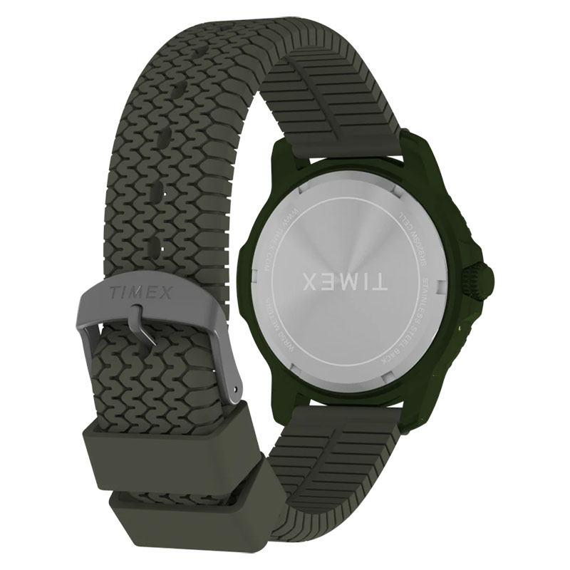 Timex Expedition Timber TW4B34700 - tył zegarka z widocznym zakręcanym deklem oraz gumowym paskiem