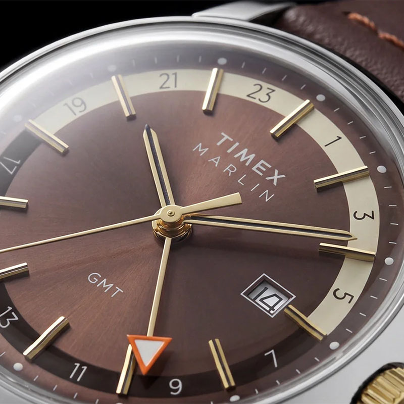Timex Marlin GMT TW2Y84200 - zdobiona szlifem słonecznym brązowa tarcza z akrylowym szkłem