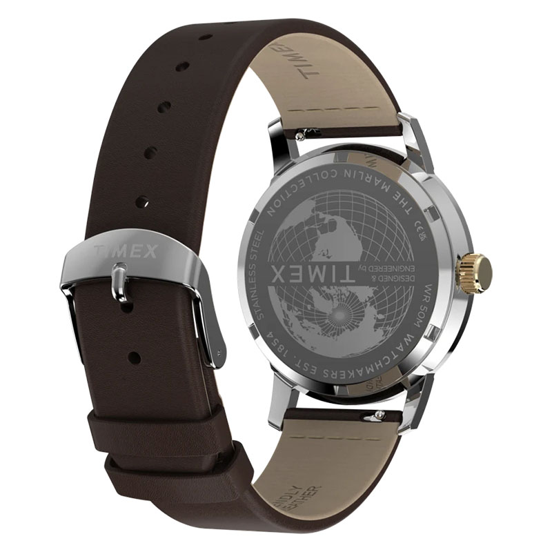 Timex Marlin GMT TW2Y84200 - tył zegarka z widocznym deklem oraz paskiem skórzanym