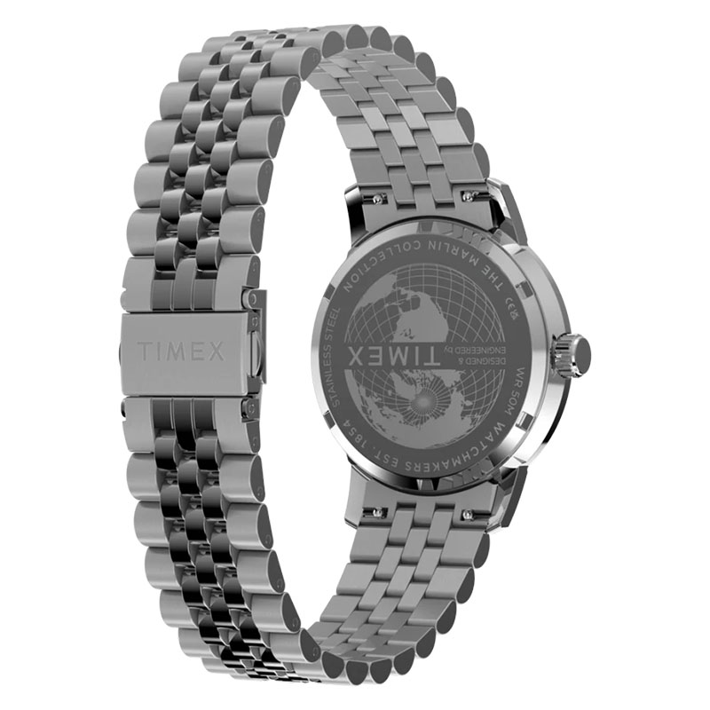 Timex Marlin GMT TW2Y84100 - tył zegarka z widocznym deklem oraz stalową bransoletą