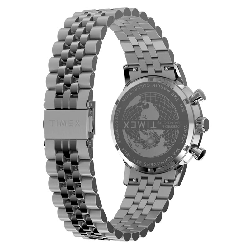 Timex Marlin Chronograph TW2Y66500 - tył zegarka z widocznym zakręcanym deklem oraz stalową bransoletą