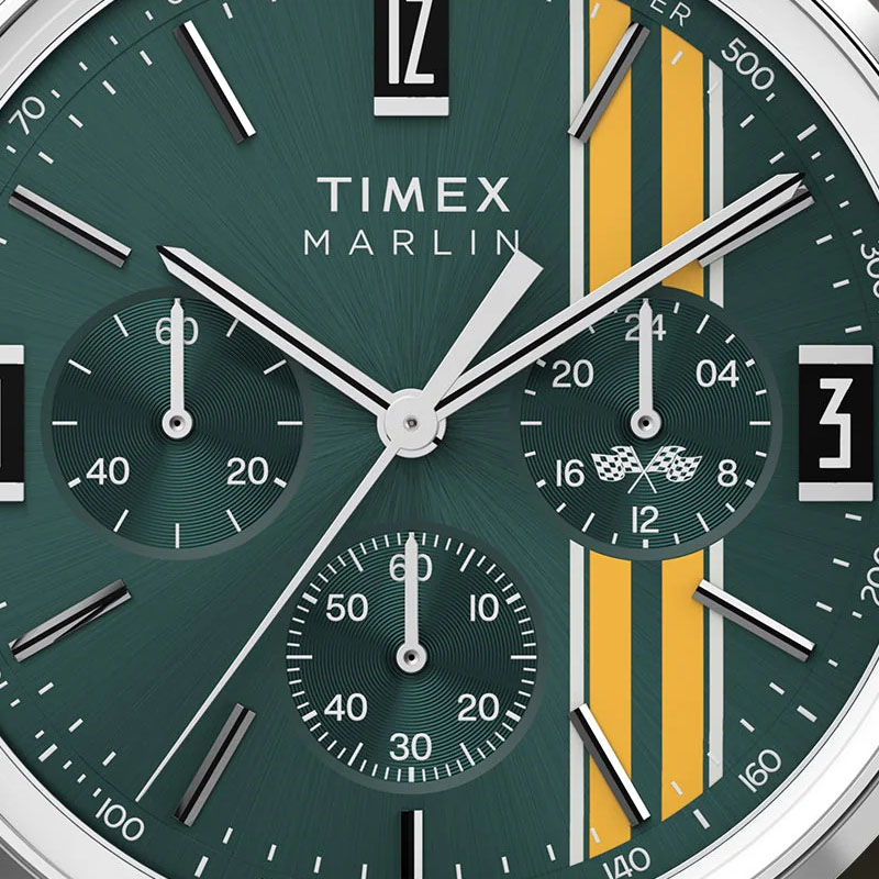 Timex Marlin Chronograph TW2W99100 - zielona tarcza z żółtymi pasami oraz trzema totalizatorami