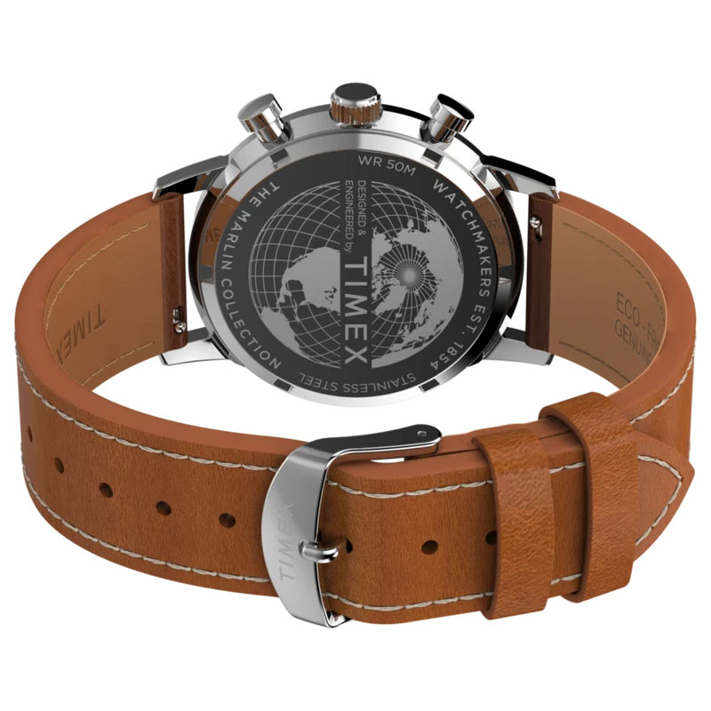 Timex Marlin Chronograph TW2W99100 - tył zegarka z widocznym grawerowanym deklem i skórzanym paskiem