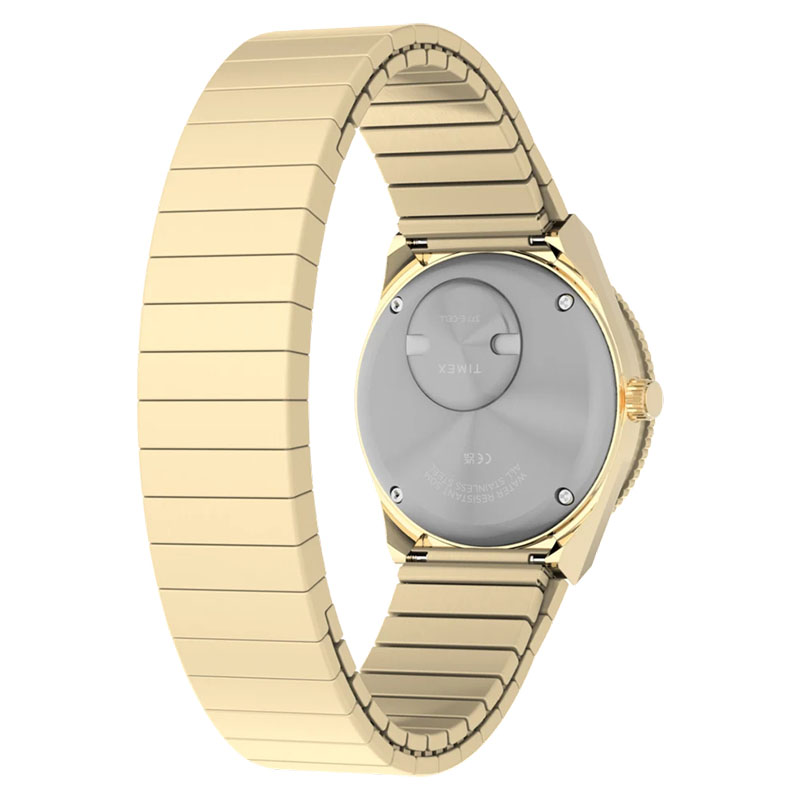Timex Q Timex Mini TW2Y57400 - tył zegarka z widocznym deklem posiadającym specjalny otwór na baterię