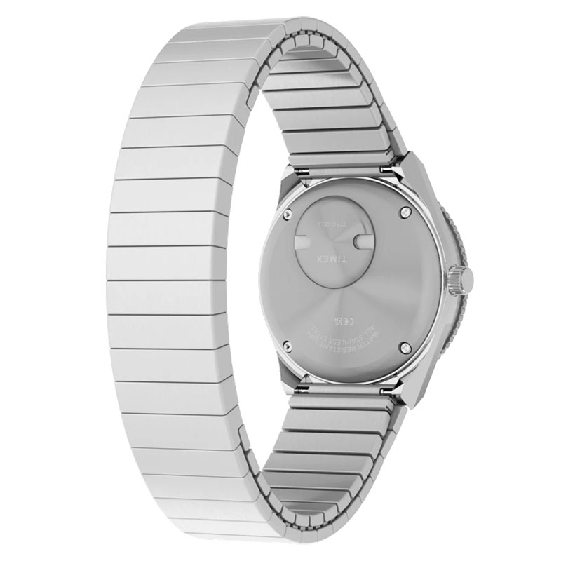 Timex Q Timex Mini TW2Y77300 - tył zegarka z widocznym deklem posiadającym specjalny otwór na baterię