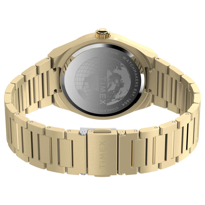 Timex Q Timex Continental Day/Date TW2Y35100 - tył zegarka z widocznym deklem oraz pozłacaną bransoletą