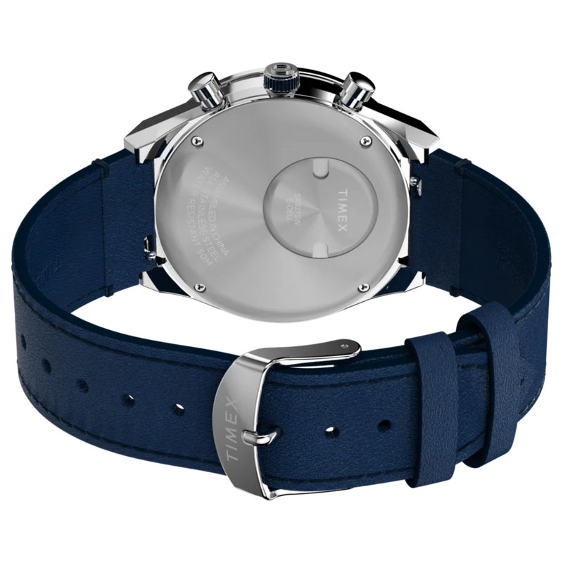 Timex Q Timex Chronograph TW2Y36100 - tył zegarka z widocznym deklem oraz skórzanym paskiem