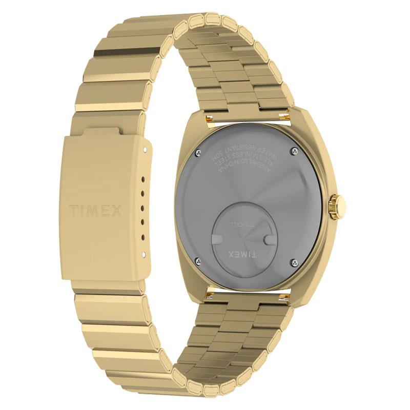 Timex Q Timex 1975 Enigma TW2Y34400 - tył zegarka z widocznym deklem oraz stalową bransoletą