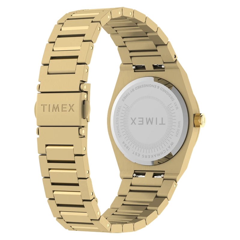 Timex Q Timex Marbella TW2Y82000 - tył zegarka z widocznym deklem oraz stalową bransoletą