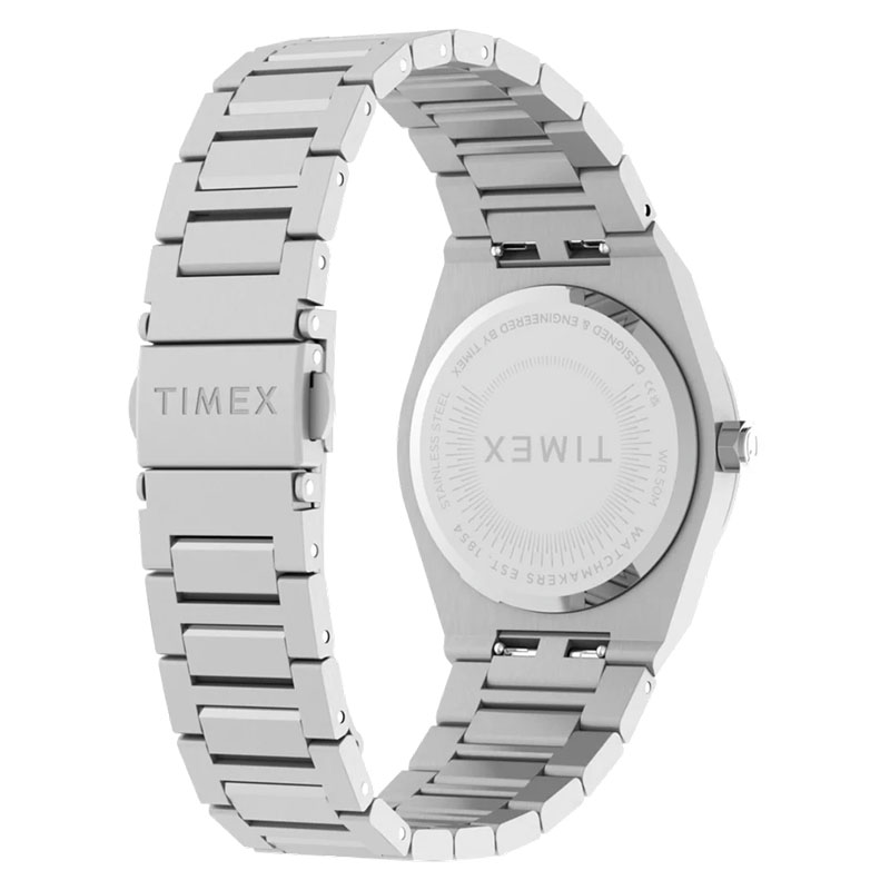 Timex Q Timex Marbella TW2Y81800 - tył zegarka z widocznym deklem oraz stalową bransoletą