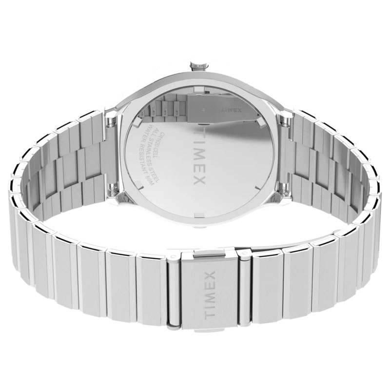 Timex Q Timex 1975 SSQ Digital Reissue TW2Y06100 - tył zegarka z widocznym deklem oraz zapięciem bransolety
