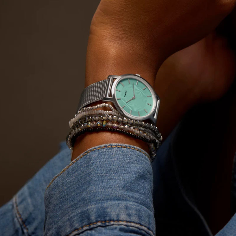 Timex Transcend TW2Y10100 - zegarek z turkusową tarczą i meshową bransoletą