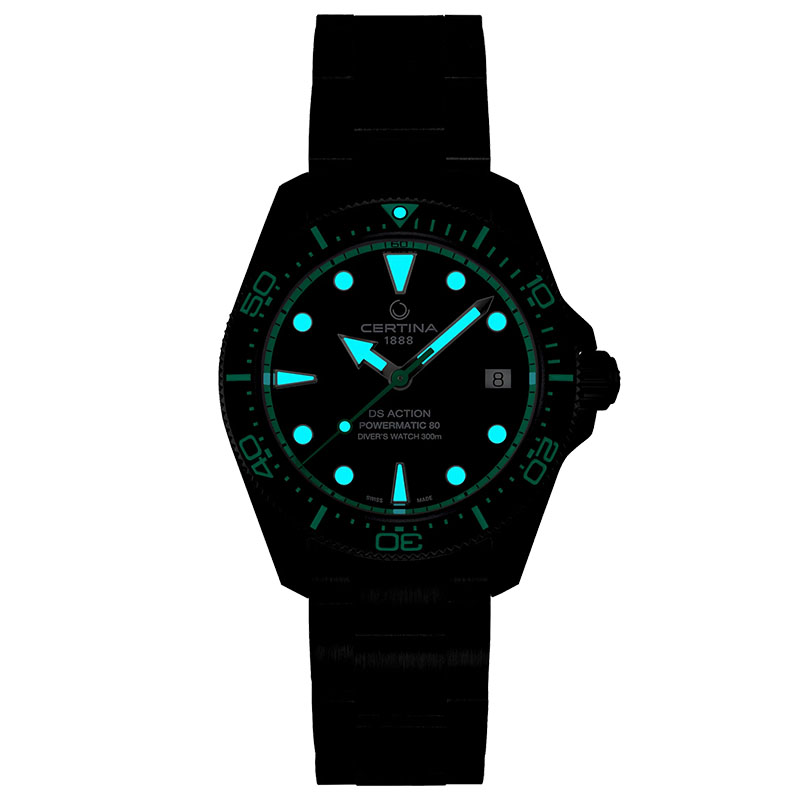 Certina DS Action Diver 38mm Powermatic 80 C048.807.33.051.01 - substancja luminescencyjna świecąca w ciemności
