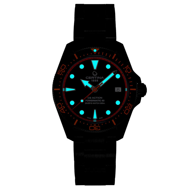 Certina DS Action Diver 38mm Powermatic 80 C048.807.33.051.02 - substancja luminescencyjna świecąca w ciemności